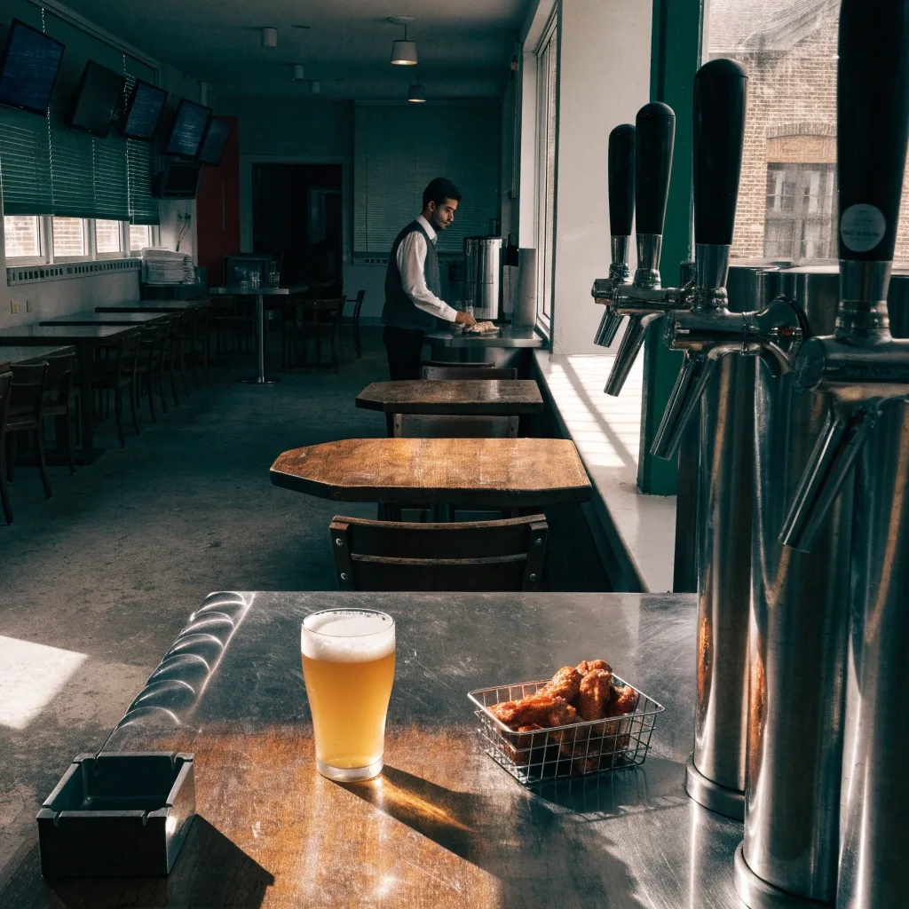 A server carrying a plate through a dark, busy bar room